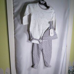 Baby Gray Stars Hat - Cap, Footed Pants & Bodysuit Long sleeve 3pc NEW cotton